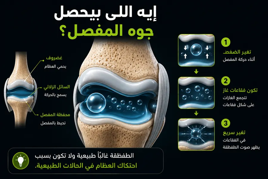 رسم يوضح ما يحدث داخل المفصل أثناء طقطقة المفاصل مع السائل الزلالي وفقاعات الغاز ✅