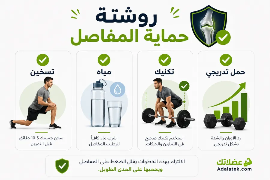 إنفوجرافيك يوضح خطوات حماية المفاصل أثناء التمرين وتشمل التسخين وشرب المياه واستخدام التكنيك الصحيح وزيادة الحمل التدريجي.