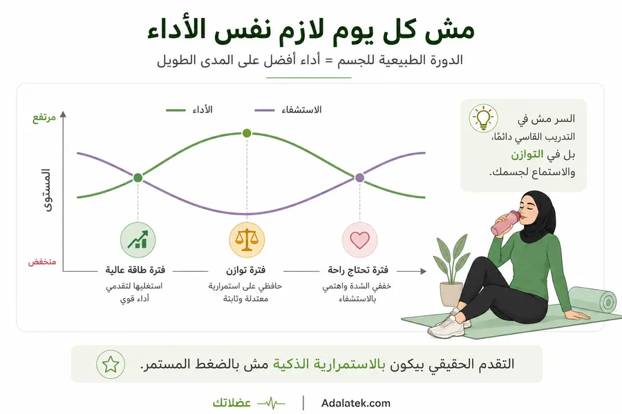 رسم توضيحي يشرح العلاقة بين الأداء والاستشفاء أثناء التمرين للبنات وأهمية التوازن وعدم الحفاظ على نفس الشدة يوميًا