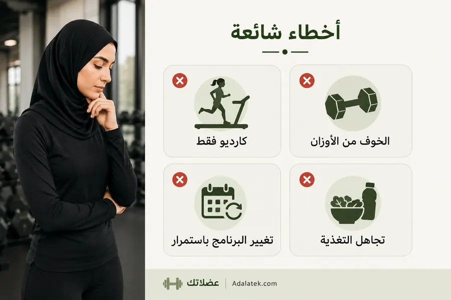صورة تعليمية لبنت توضح أخطاء شائعة للبنات في الجيم مثل الاعتماد على الكارديو فقط والخوف من الأوزان وتجاهل التغذية