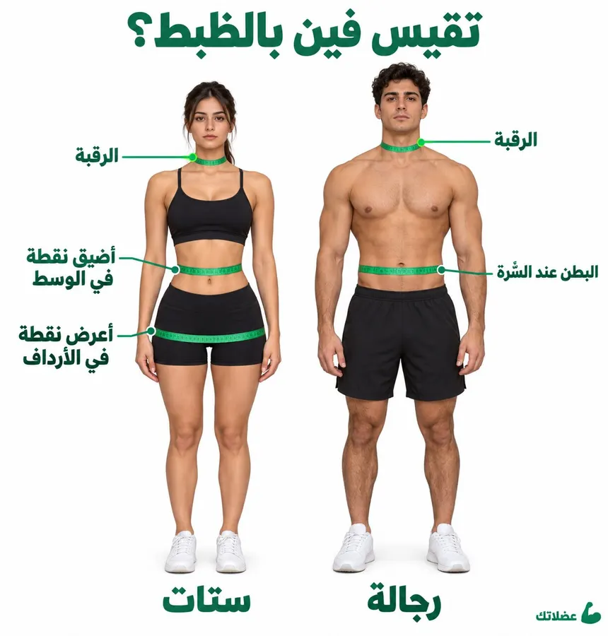 أماكن قياس الرقبة والبطن والوسط والأرداف بشريط القياس لحساب نسبة الدهون للرجال والنساء