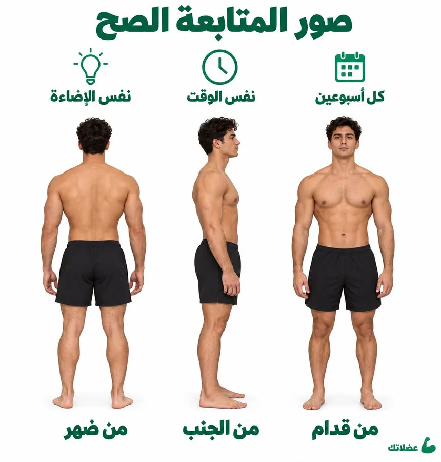 طريقة تصوير صور متابعة الجسم من الأمام والجنب والخلف لمتابعة نسبة الدهون