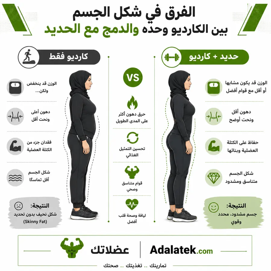 رسم توضيحي يقارن بين نتيجة الاعتماد على الكارديو فقط (فخ الـ Skinny Fat) وبين الدمج بين الكارديو والحديد للحصول على قوام مشدود ومتناسق.