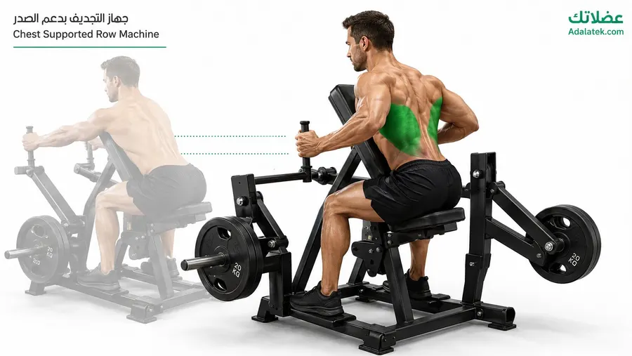 رجل يؤدي تمرين جهاز التجديف بدعم الصدر (Chest Supported Row Machine) مع إبراز العضلة الظهرية العريضة (Latissimus Dorsi) باللون الأخضر وشرح مسار الحركة الصحيح.
