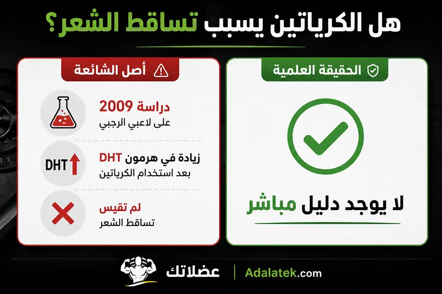 صورة تعليمية توضح أصل شائعة تساقط الشعر مع الكرياتين ودراسة 2009 وتأثير هرمون DHT