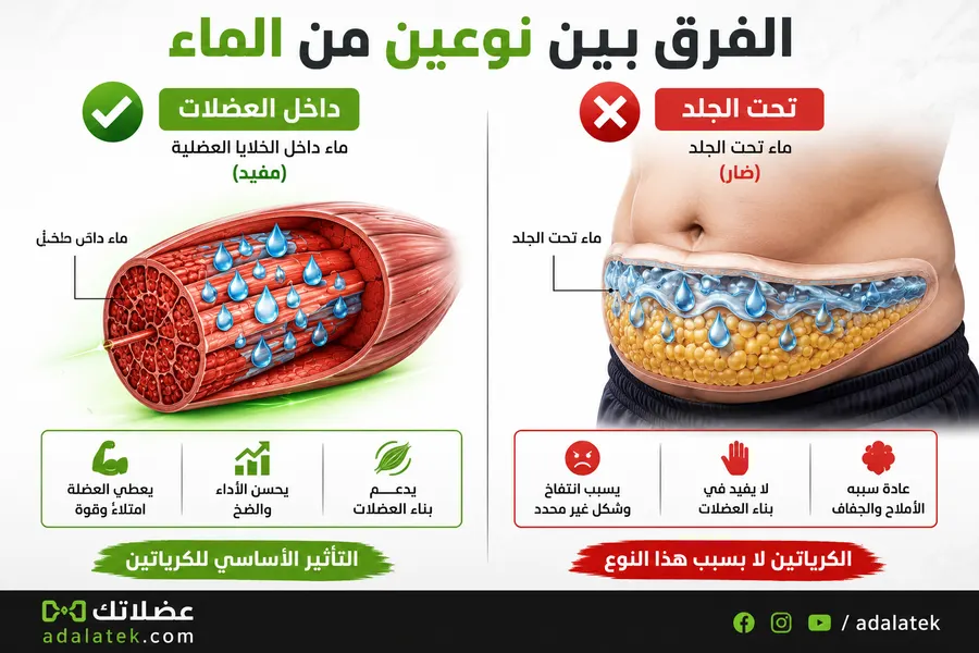 رسم توضيحي يوضح الفرق بين الماء داخل العضلات والماء المحتبس تحت الجلد أثناء استخدام الكرياتين.