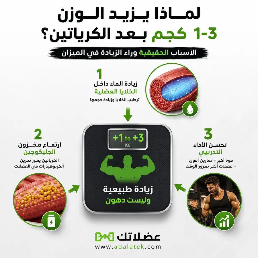 مخطط يوضح الأسباب الحقيقية لزيادة الوزن بعد استخدام الكرياتين.