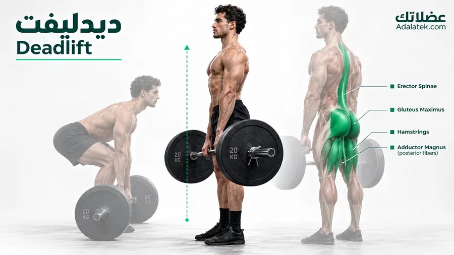 رسم توضيحي طبي لتمرين الديدليفت (Deadlift) يوضح وضعية البداية والنهاية مع إبراز العضلات الأساسية العاملة مثل الألوية الكبرى، وأوتار الركبة، والعضلات الناصبة للعمود الفقري، والجزء الخلفي من العضلة المقربة الكبرى، مع مسار حركة البار الصحيح