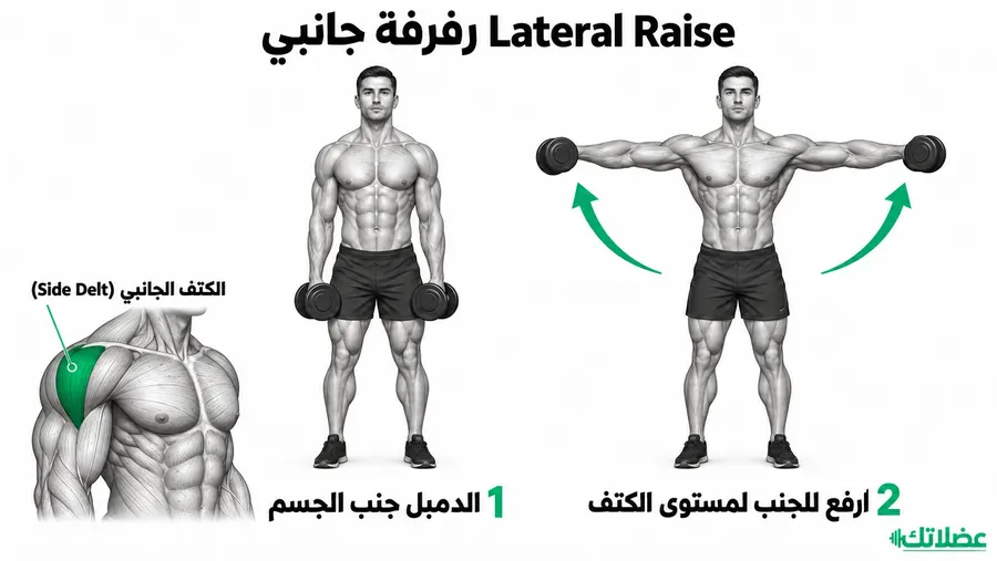 طريقة أداء الرفرفة الجانبية بالدمبل لتعريض الكتف مع توضيح االكتف الجانبي المستهدف