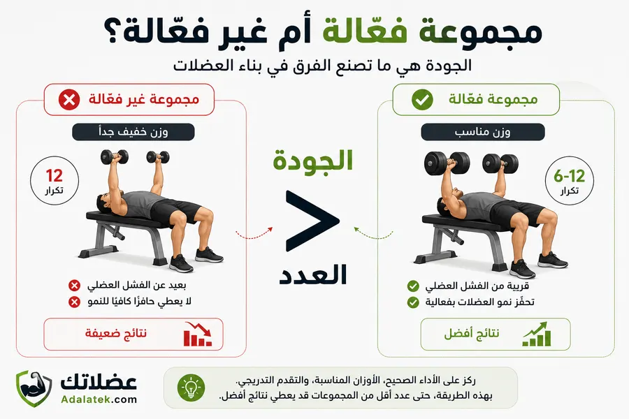 صورة تعليمية توضح الفرق بين المجموعة الفعالة وغير الفعالة في تمارين بناء العضلات وتأثير جودة الأداء على نمو العضلات