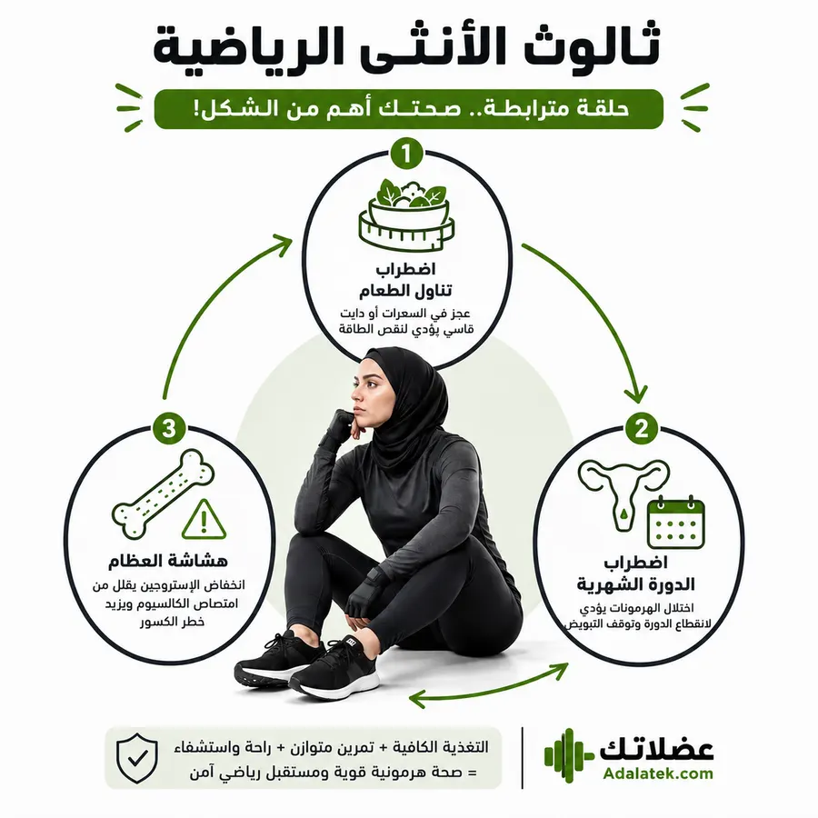 رسم توضيحي لثالوث الأنثى الرياضية الذي يربط بين نقص الطاقة واضطراب الدورة الشهرية وضعف صحة العظام لدى الرياضيات.