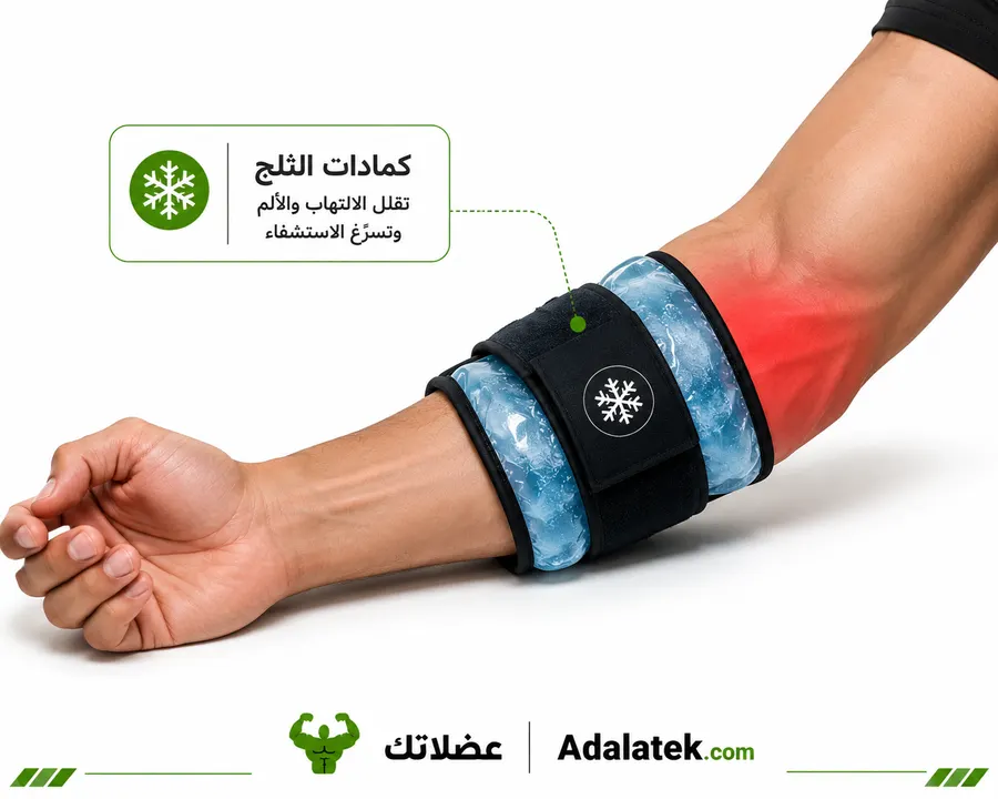 صورة توضح كيفية استخدام كمادات الثلج على منطقة الساعد لتقليل الالتهاب الناتج عن تمرين البايسيبس الخاطئ.