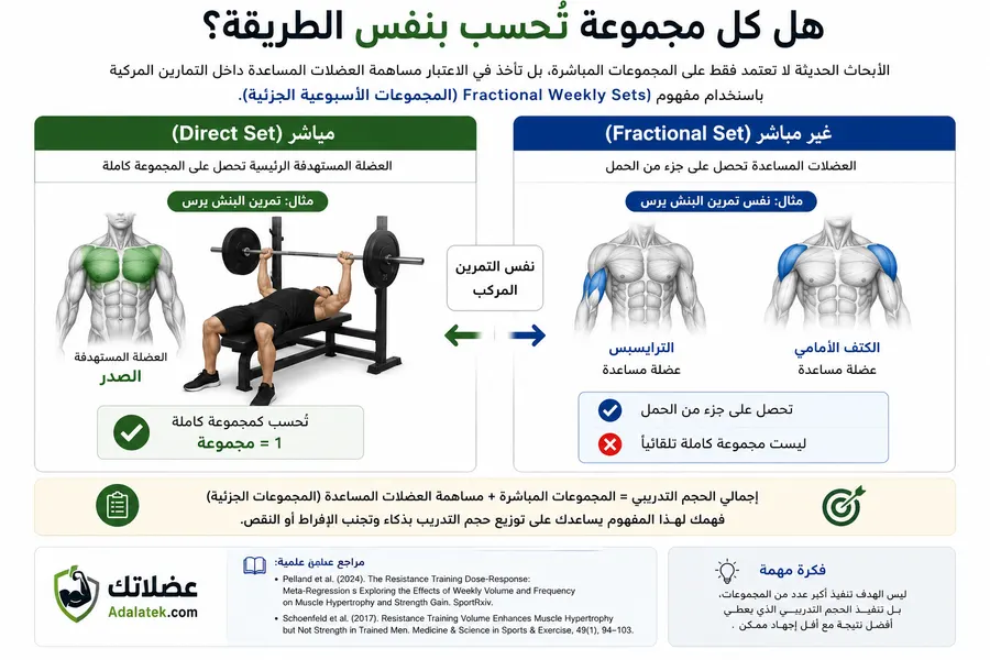 صورة تعليمية توضح الفرق بين المجموعات المباشرة والمجموعات الجزئية في التمارين المركبة وتأثير العضلات المساعدة على حجم التدريب