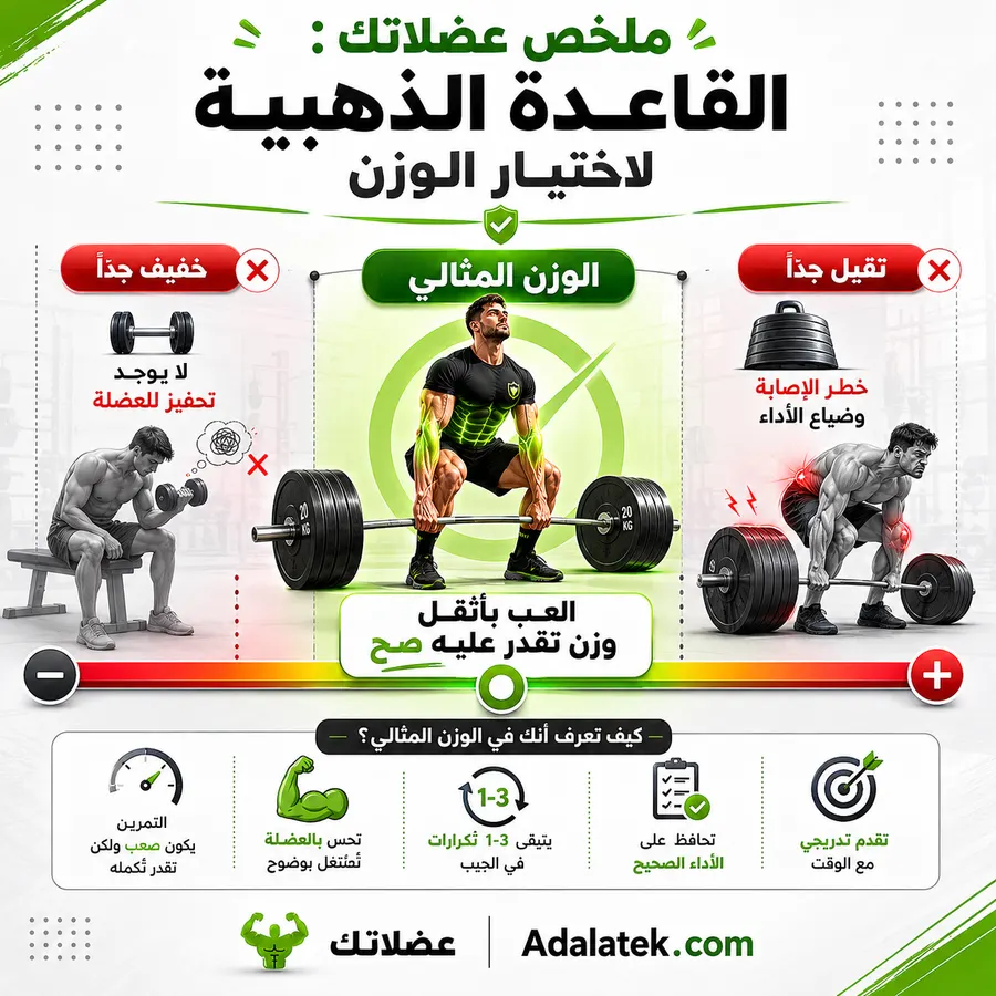 إنفوجرافيك يوضح القاعدة الذهبية لاختيار الوزن المناسب في عضلاتك، حيث يمثل الوزن المثالي التوازن بين التحفيز العضلي الكامل والتحكم التام في الحركة لحماية المفاصل.