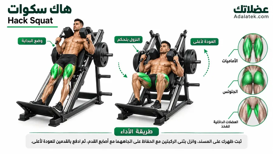 إنفوجرافيك يوضح طريقة أداء تمرين هاك سكوات على الجهاز مع توضيح وضع البداية والنزول والعودة لأعلى والعضلات المستهدفة.