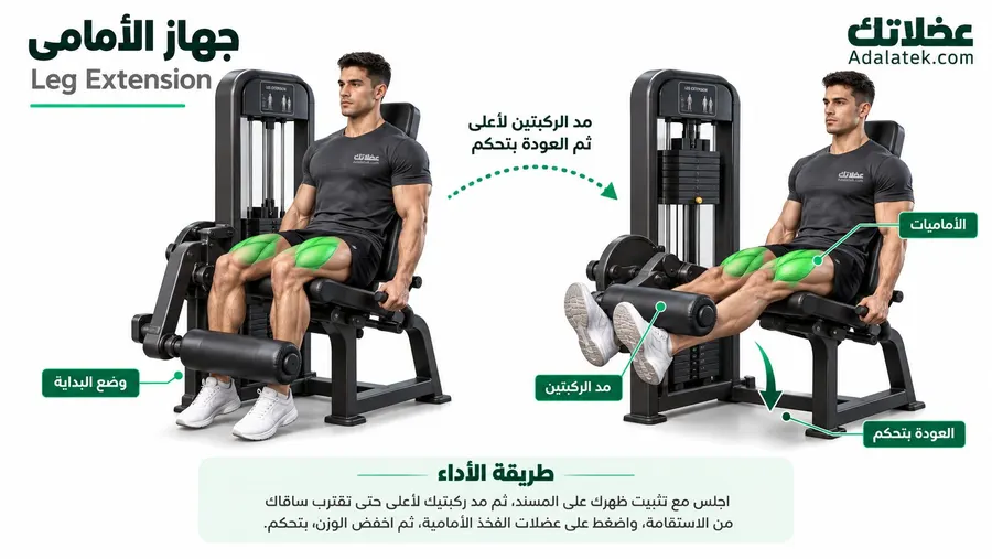 جهاز الأمامي (Leg Extension) لتقوية عضلات الفخذ الأمامية مع شرح وضع البداية ومد الركبتين والعودة بتحكم.