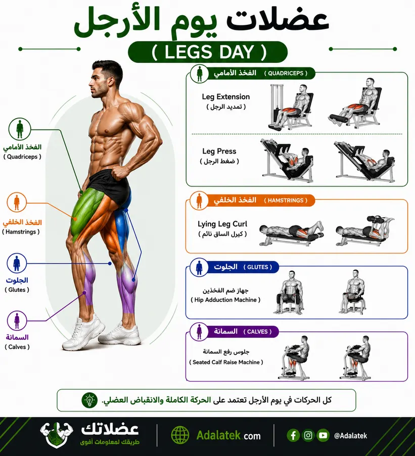 صورة تعليمية توضح عضلات يوم الأرجل والتمارين المستخدمة في نظام Push Pull Legs