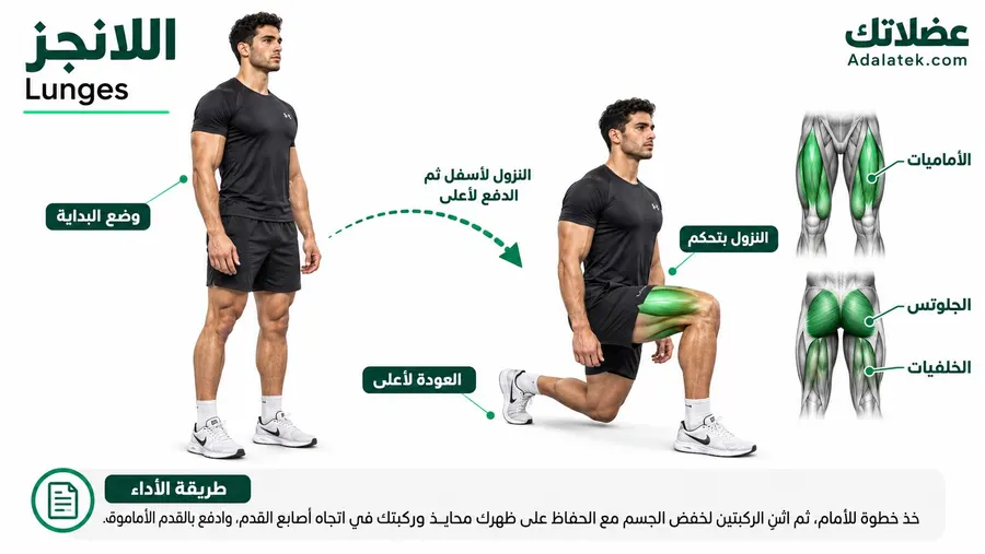 إنفوجرافيك تعليمي لتمرين اللانجز (Lunges) يوضح وضع البداية والنزول للأمام مع إبراز العضلات المستهدفة: الأماميات والجلوتس والخلفيات.