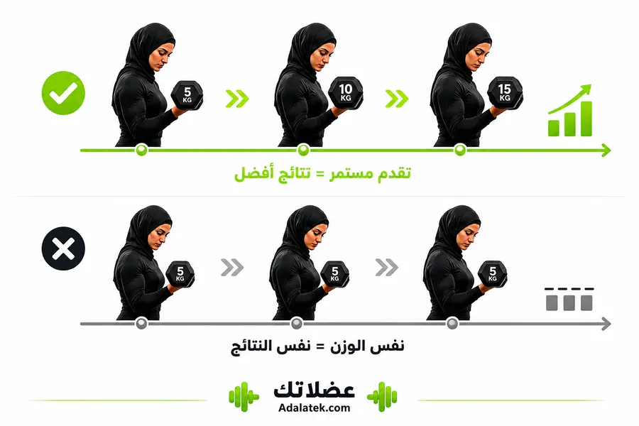 صورة توضيحية لامرأة تتمرن بتمارين المقاومة مع تطبيق الحمل التدريجي لنحت الجسم وتجنب الأوزان الخفيفة غير المفيدة.