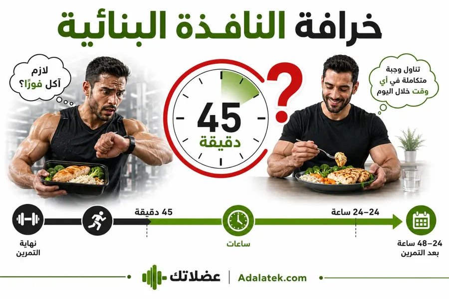 إنفوجرافيك يوضح خرافة النافذة البنائية وأن بناء العضلات يستمر لساعات طويلة بعد التمرين وليس خلال 45 دقيقة فقط.