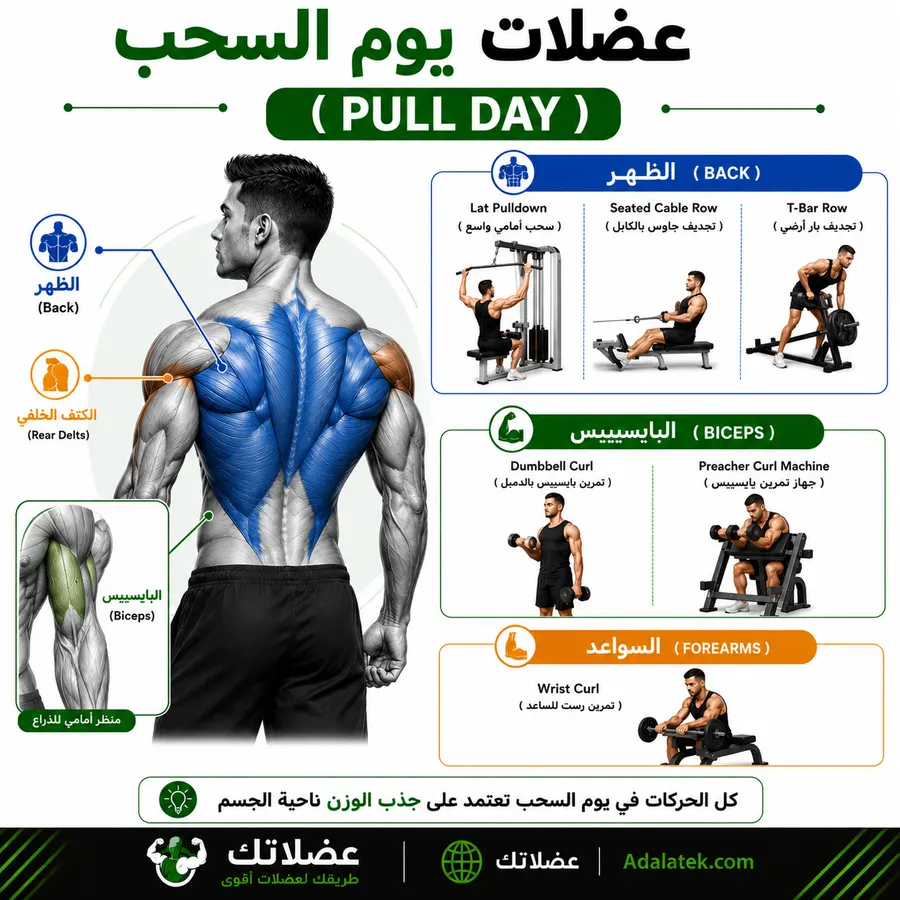 صورة تعليمية توضح عضلات يوم السحب والتمارين المستخدمة في نظام Push Pull Legs