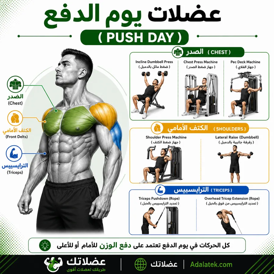 صورة تعليمية توضح عضلات يوم الدفع والتمارين المستخدمة في نظام Push Pull Legs