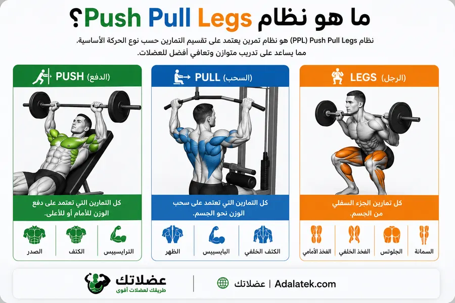 صورة تعليمية توضح تقسيم نظام Push Pull Legs إلى أيام الدفع والسحب والرجل