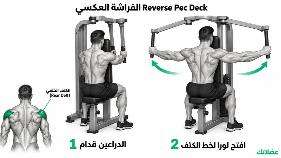 طريقة أداء تمرين الفراشة العكسي Reverse Pec Deck لاستهداف الكتف الخلفي