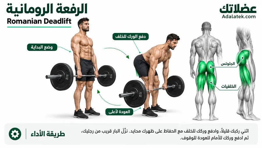 إنفوجرافيك يوضح طريقة أداء تمرين الرفعة الرومانية (Romanian Deadlift) مع توضيح وضع البداية والحركة والعضلات المستهدفة، الخلف