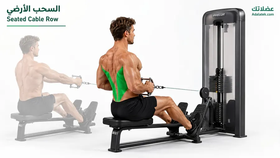 رجل يؤدي تمرين السحب الأرضي (Seated Cable Row) باستخدام مقبض V على جهاز الكابل مع إبراز العضلة الظهرية العريضة (Latissimus Dorsi) باللون الأخضر وموضع البداية والنهاية للحركة في رسم تشريحي تعليمي.