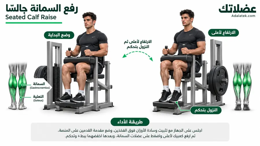 رفع السمانة جالسًا على الجهاز مع توضيح وضع البداية والارتفاع لأعلى والعضلات المستهدفة
