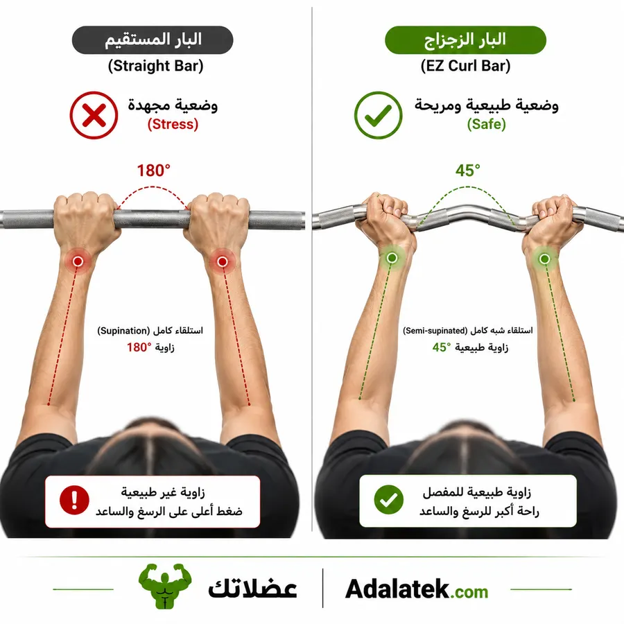 مقارنة بصرية بين وضعية المعصم المجهدة على البار المستقيم والوضعية الطبيعية المريحة على البار الزجزاج (EZ Bar).