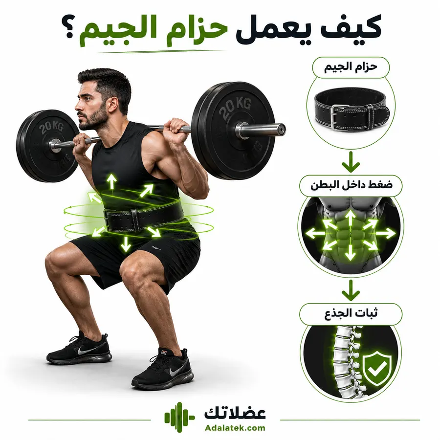 رسم توضيحي يشرح كيف يزيد حزام رفع الأثقال الضغط داخل البطن لتثبيت العمود الفقري أثناء التمارين الثقيلة.