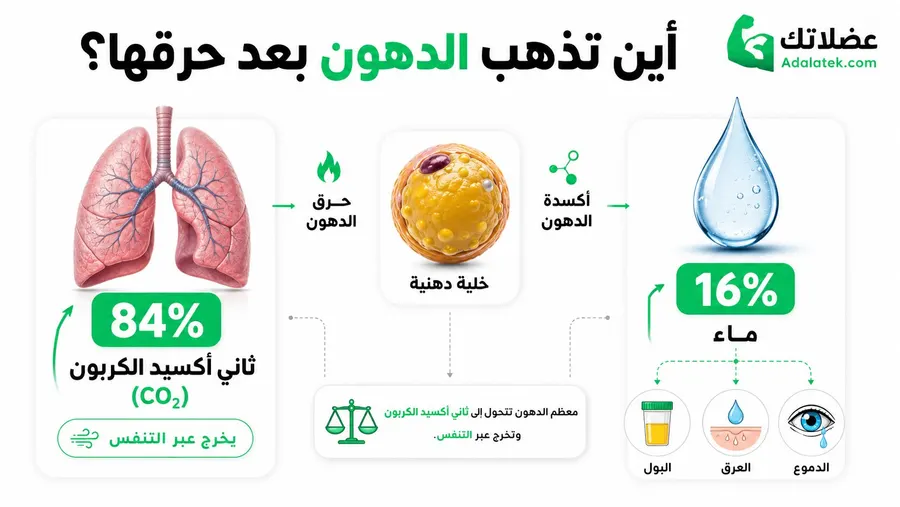 إنفوجرافيك يوضح أين تذهب الدهون بعد حرقها، حيث يخرج 84% منها عبر الرئتين على هيئة ثاني أكسيد الكربون و16% تتحول إلى ماء.