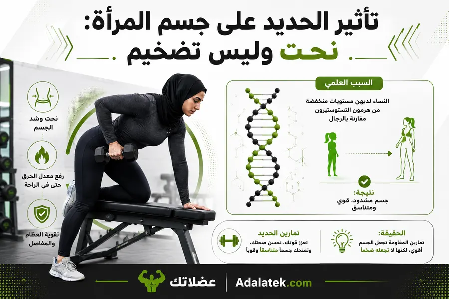 إنفوجرافيك يوضح كيف تساهم تمارين الحديد في نحت قوام المرأة وشد الجسم وزيادة الحرق بدون التسبب في أي تضخيم عضلي.