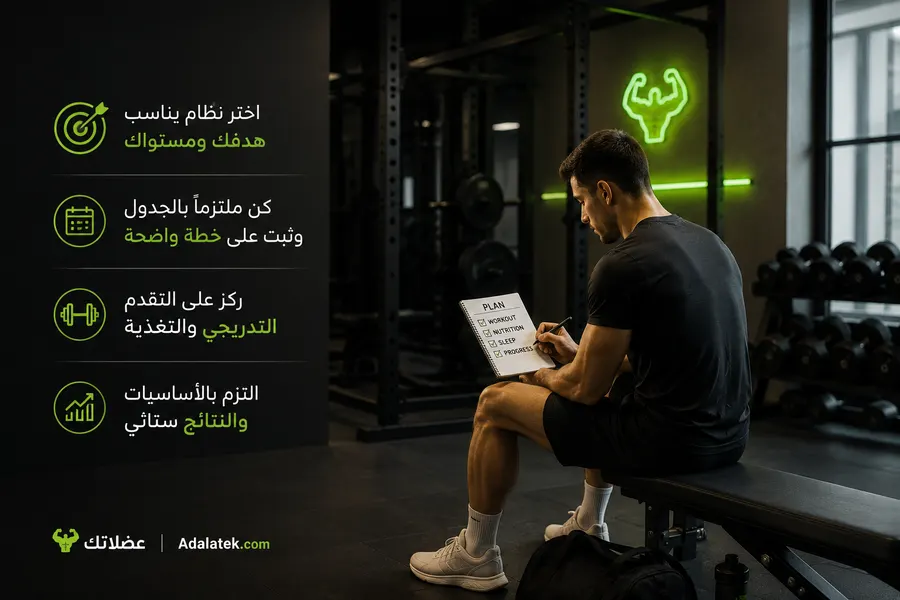 صورة تعليمية لشخص يراجع خطة التمرين داخل الجيم مع نصائح عن الالتزام واختيار نظام التمرين المناسب