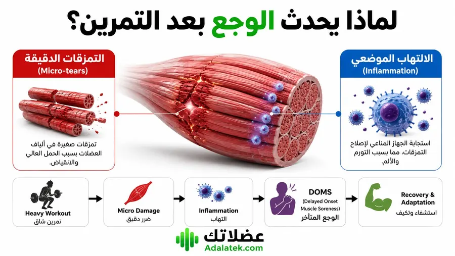 رسم توضيحي يشرح أسباب الوجع بعد التمرين (DOMS) والتمزقات الدقيقة والالتهاب الموضعي داخل العضلات
